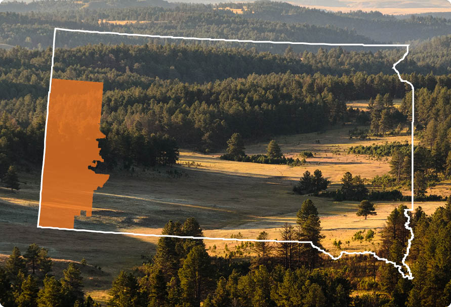 South Dakota map overlayed on photo of the Black Hills