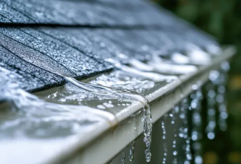 Clogged gutter on a roof with water flowing over it