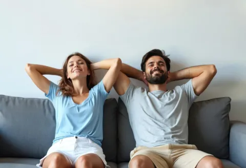 A man and a woman sitting on a couch relaxing with their arms behind their heads